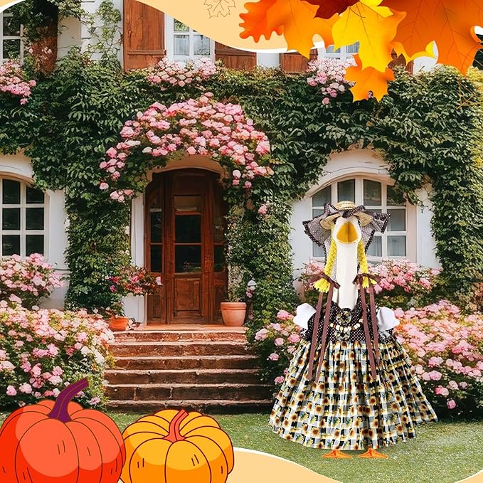 Fall Thanksgiving Goose Outfit Sunflower Porch Goose Costume with Hat Necklace for 23 Autumn Patio Yard Lawn Decor(Plaid Sunflower)