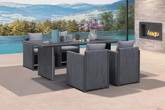 PURPLE LEAF 5 Pieces Patio Dining Set All-Weather Modern Outdoor Rectangular Aluminum Dining Table and Chairs with Olefin Cushions Pillows for Garden Backyard Kitchen Grey