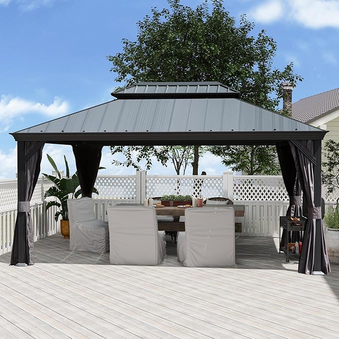 Domi 10’x14’ Hardtop Gazebo with Gutters, Outdoor Metal Gazebo Canopy with Resin & Galvanized Steel Roof, Permanent Pavilion for Patio, Backyard, Lawn, Hot Tub, Curtains and Mosquito Netting Included