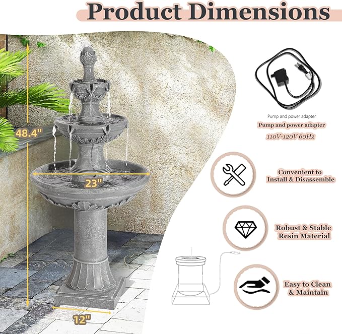 MAGIC UNION Outdoor Garden Water Fountains, 48.4''H Italian Style Fountain and Waterfall Outside, 3-Tier Large Bubbler Cascading Indoor Floor Fountain Features with Pump for Home Yard Decor (Gray)