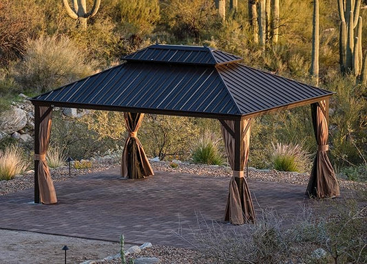 PURPLE LEAF 14' X 16' Outdoor Hardtop Gazebo Patio Wide Aluminum Frame Metal Double Roof with Heavy Duty Netting and Curtains for Permanent Hard Top Pavilion Screen Khaki