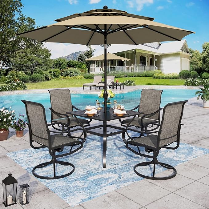 Sophia & William Patio Set with Umbrella 6 Pieces Outdoor Dining Set with 10ft 3 Tier Beige Patio Umbrella Windproof, 4 x Swivel Patio Dining Chairs, Patio Table and Chairs for Garden Backyard