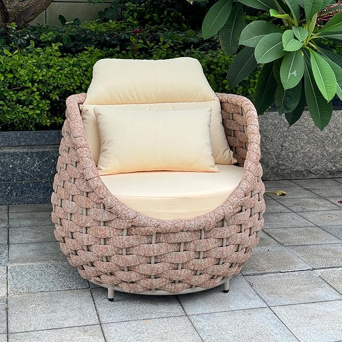 Outdoor Accent Chair: Aluminum Woven Rope Patio Chair Modern - Cushioned Single Chair Assembled - All Weather Deck Furniture for 400lbs Porch Lanai Pool Yard Balcony Garden Hotel, Terracotta