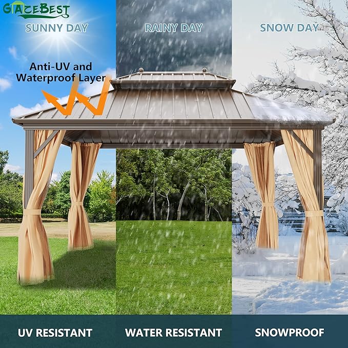 12'x14' Hardtop Gazebo Outdoor Aluminum Patio Gazebo Double Roof Galvanized Steel Canopy with Netting and Curtains,for Garden, Backyard,Deck and Lawns