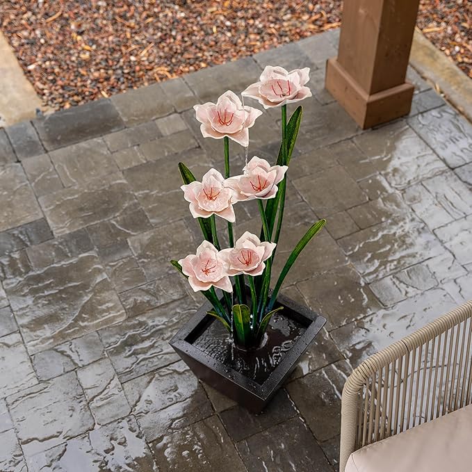 XBrand Metal Sculptural Multi-Tiered Flower Water Fountain, w/LED Lights, Multicolored, 39" Tall