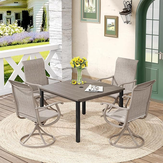 DIFY 5 Pieces Outdoor Patio Dining Set for 4, 40.2" Metal Square Dining Table and 4 Sandshell Textilene Swivel Dining Chairs, Outdoor Table and Chairs