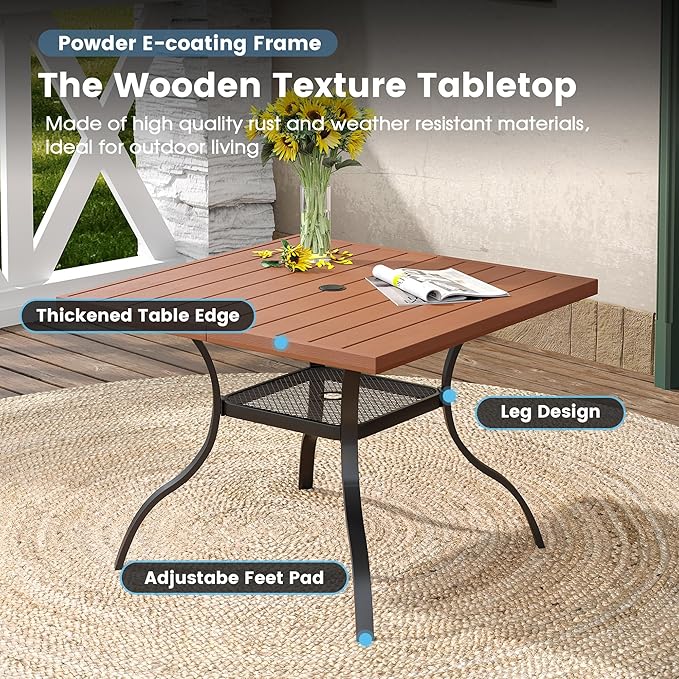 DIFY 5 Pieces Outdoor Patio Dining Set for 4, 38.6" Walnut Square Patio Dining Table and 4 Brown Swivel Textilene Chairs with Curved Armrest, Patio Table and Chairs