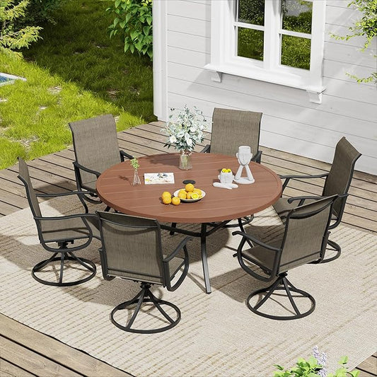 VICLLAX 7 Pieces Outdoor Dining Set, Patio Furniture Set of 6 Patio Swivel Dining Chairs and 50" Patio Round Table, Mixed Brown Chairs & Walnut Tabletop