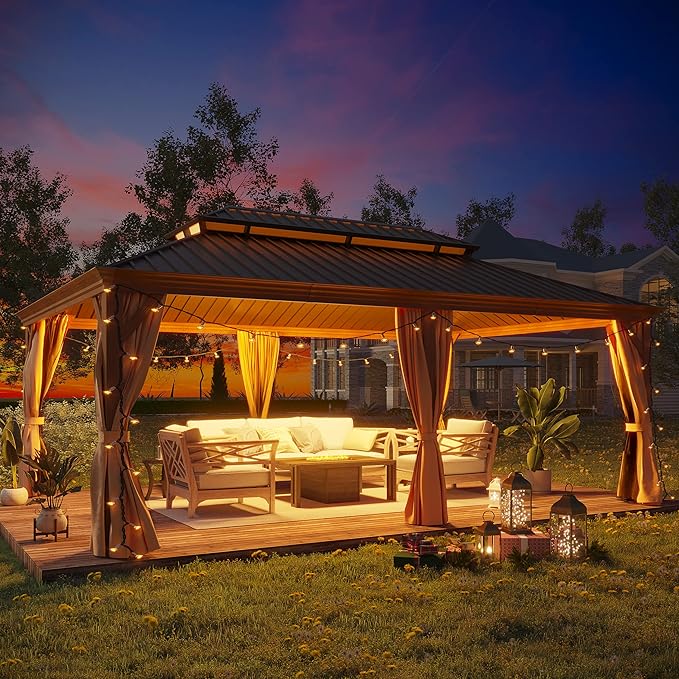 14' X 20' Hardtop Gazebo, Aluminum Wood-Looking Frame Outdoor Permanent Galvanized Steel Double Roof Pavilion Pergola Canopy with Privacy Curtains for Garden, Patio, Backyard, Deck and Lawns.