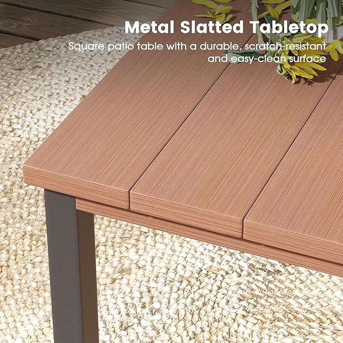 DIFY 5 Pieces Outdoor Patio Dining Set for 4, 40.2" Walnut Metal Square Dining Table and 4 Brown Textilene Swivel Dining Chairs, Outdoor Table and Chairs