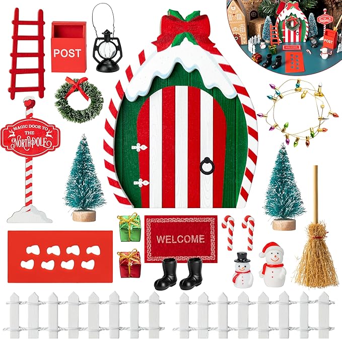 Haooryx 22Pcs Christmas Magic Wooden Miniature Fairy Doors Accessories, Christmas Elf Magic Door for Wall Fairies Magical Door Decoration Christmas Party Outdoor Xmas Decor (Bow Tie)