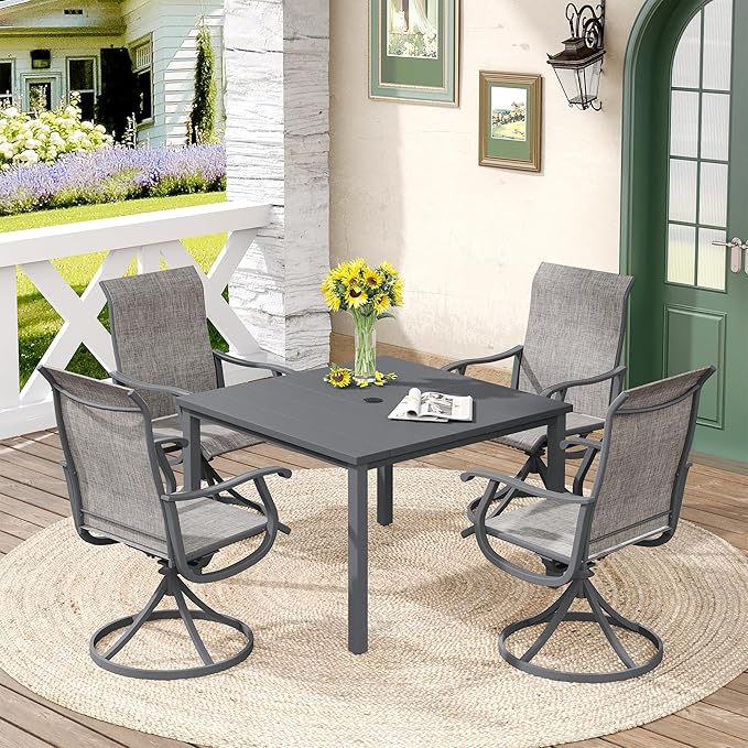 DIFY 5 Pieces Outdoor Patio Dining Set for 4, 40.2" Metal Square Dining Table and 4 Textilene Swivel Dining Chairs, Outdoor Table and Chairs