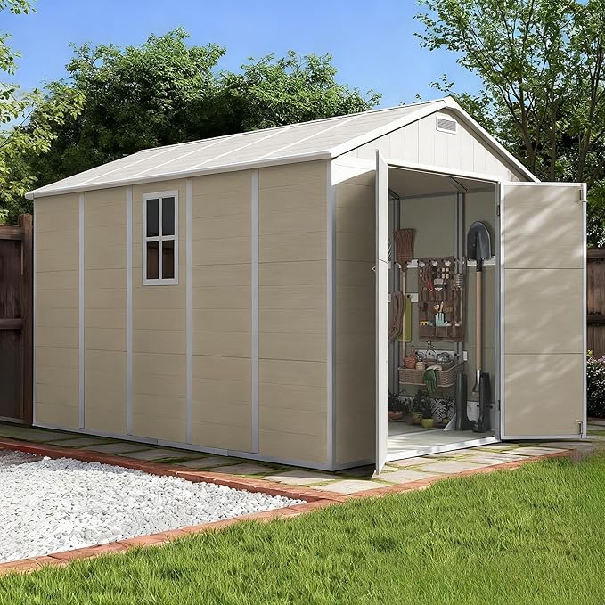 Outdoor Shed 5x3/6x4/7x7/8x6/8x10/8x12 FT, 15MM Thick PP Resin Plastic Shed with Lockable Door & Floor - Waterproof Plastic Tool Shed for Bike, Garbage Can, Backyard, Patio ﻿ ﻿ (Light Brown, 8x10FT)