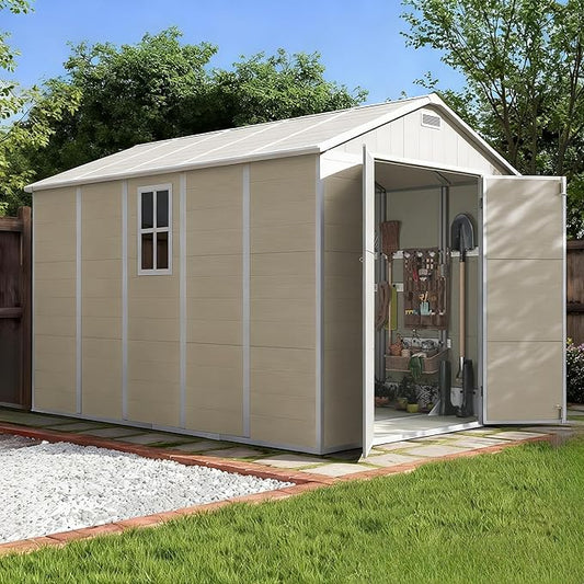 Outdoor Shed 5x3/6x4/7x7/8x6/8x10/8x12 FT, 15MM Thick PP Resin Plastic Shed with Lockable Door & Floor - Waterproof Plastic Tool Shed for Bike, Garbage Can, Backyard, Patio ﻿ ﻿ (Light Brown, 8x10FT)
