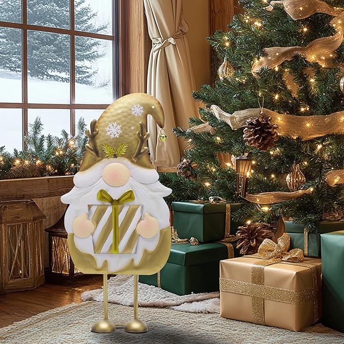 TERESA'S COLLECTIONS Gnome Christmas Decorations,Metal Gold White Santa Holding Gifts,Christmas Gnome Statue for Garden Indoor Outdoor,Decorative Yard Art Sign for Lawn Xmas New Year Winter Decor,24"