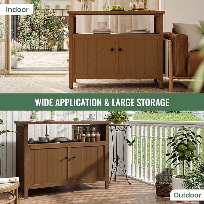 Amopatio Outdoor Storage Cabinet - Patio Bar Table with Storage and Shelves - Weather Resistant Sideboard for Patio, Pool, Garden, Indoor, Kitchen - Brown
