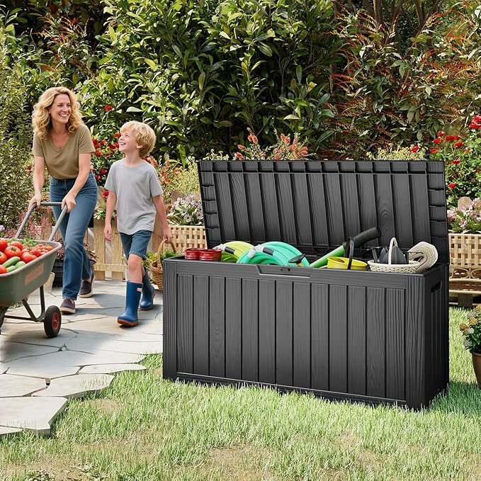 Outdoor Storage Box, 72 Gallon Deck Box Waterproof, Resin Patio Storage Bin for Package Delivery, Patio Furniture Cushion, Garden Tools, Pool Accessories, Weatherproof, Black
