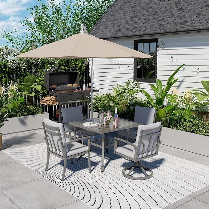 HAPPATIO 5-Piece Patio Outdoor Dining Sets - All Aluminum Outdoor Patio Table and Chairs Set for 4 Includes 1 Square Dining Table, 2 Dining Chairs, and 2 Swivel Dining Chairs, for Lawn or Garden