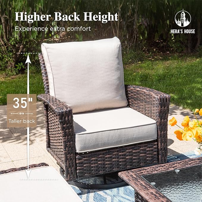 Oversized Patio Wicker Chairs, High Back Outdoor Swivel Chairs Set of 2 with Rattan Side Table, 5.5" Thick Cushions, 3-Piece Patio Furniture Sets for Deck Porch Pool, Brown/Beige
