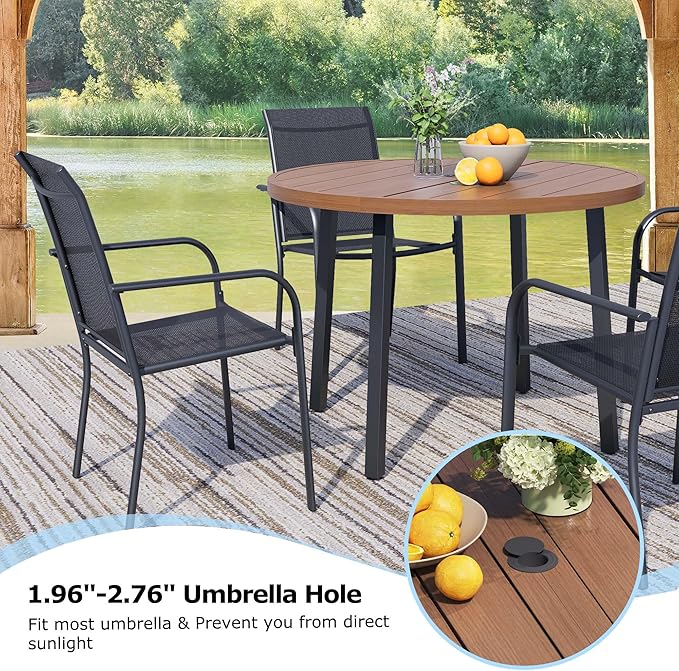 5 Pieces Round Dining Table Set for 4, Patio Dining Set Includes 4 Black Stackable Patio Chairs and 1 Walnut Round Table, Patio Furniture Sets with Sling Support for Outside, Garden