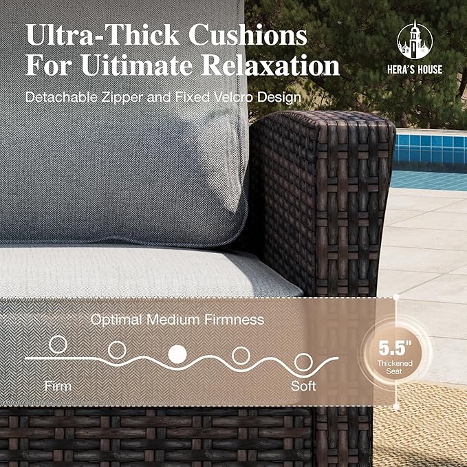 HERA'S HOUSE Grey Patio Furniture Set, High Back Wicker Sofa, Swivel Chairs with 5.5" Thick Cushions, 6-Piece Outdoor Seating Conversation Sets with Fire Pit Table & Ottomans for Deck Yard Garden