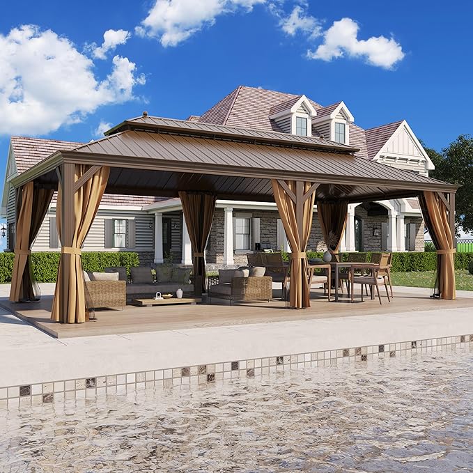 12'x24' Hardtop Gazebo Outdoor Aluminum Patio Gazebo Double Roof Galvanized Steel Canopy with Netting and Curtains for Garden, Backyard,Deck and Lawns