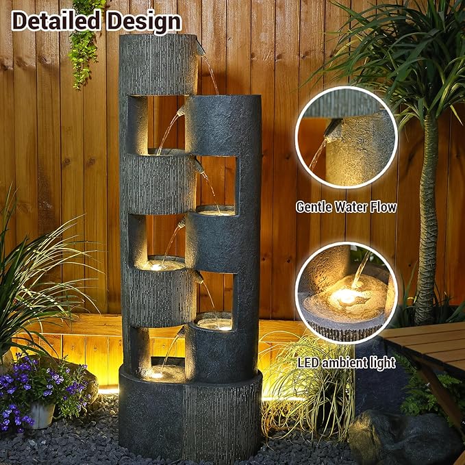 51" Outdoor Water Fountain Waterfall Fountain Outdoor Garden Water Feature Durable Resin Fiberglass with LED Lights, Pump, Natural Stones for Garden, Living Room, Patio