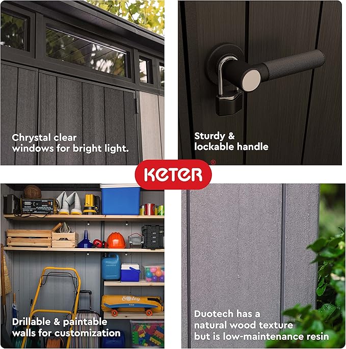Keter Artisan 9x7 Foot Large Outdoor Shed with Floor with Modern Design for Patio Furniture, Lawn Mower, Tools, and Bike Storage, feet, Grey/Black