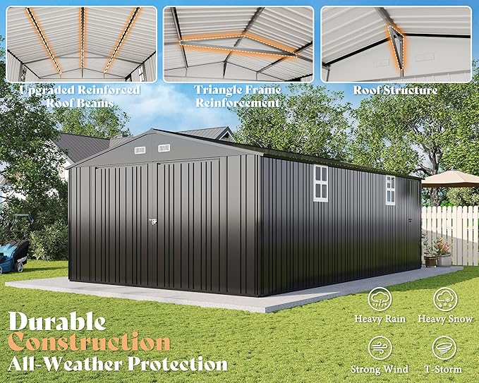 AMERLIFE 13x21x8 FT Heavy Duty Metal Garage Shed, Extra Large Outdoor Storage Shed with Double Hinged Doors, 4 Windows, Carport for Car, Truck, Bicycle and Garden Equipment, Dark Gray