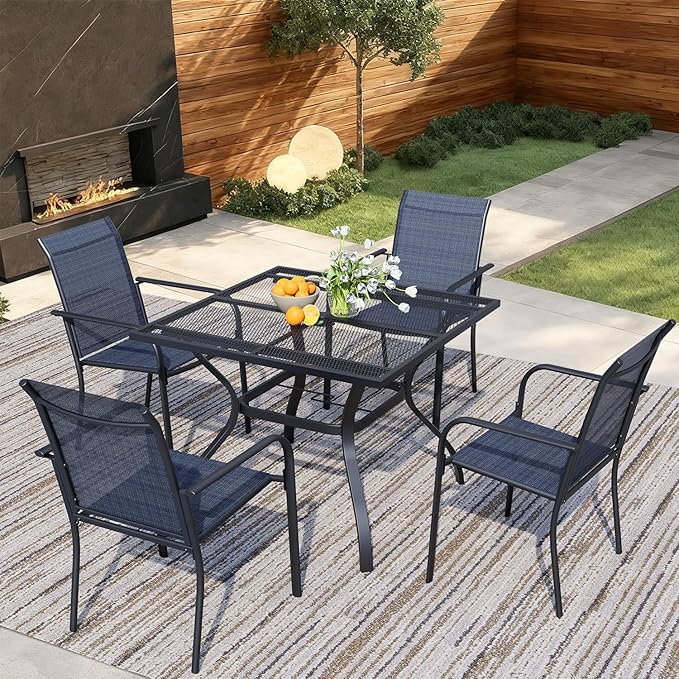 5 Pieces Sqaure Dining Table Set for 4, Patio Dining Set Includes 4 Dark Blue Stackable Patio Chairs and 1 Black Mesh Square Table, Patio Furniture Sets with Sling Support for Outside, Garden