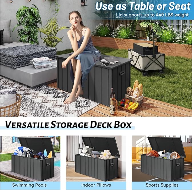 Outdoor Storage Box, 120 Gallon Metal Deck Box Built-in a Oxford Fabric Storage Bag, Lockable & Waterproof Outside Patio Storage Box for Cushions, Pillows, Pool Floats- Grey
