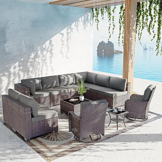 12 Pcs Outdoor Patio Furniture Set Outdoor Furniture All Weather Patio Sectional Sofa PE Wicker Modular Conversation Sets with Coffee Table, Swivel Rocking Chair (Grey)