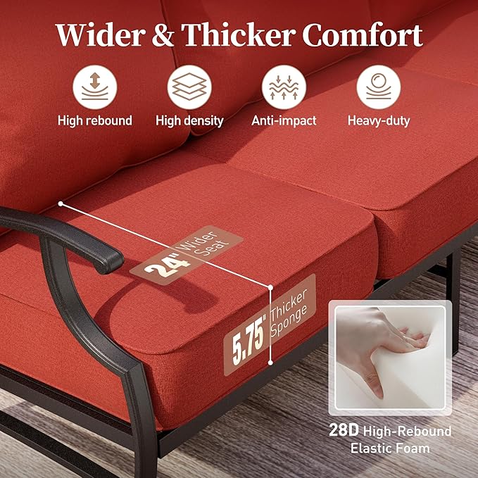6 Piece Metal Outdoor Patio Furniture Set, Patio Conversation Sets 1 3-Seater Sofa, 4 Fixed Chairs with 5.75" Thick Cushion and Coffee Table, Backyard Furniture Set for Deck, Red