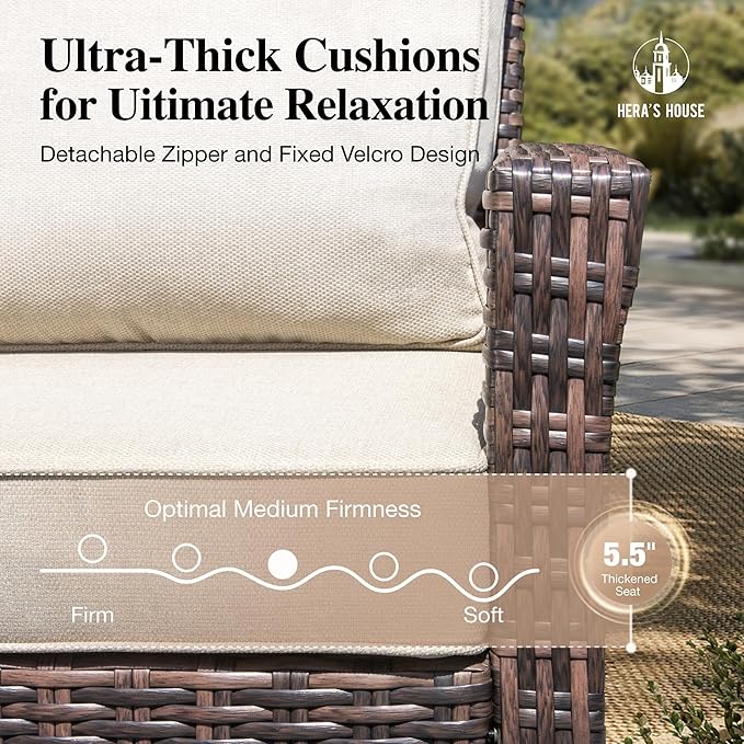 Luxury Patio Furniture Set with 5.5" Thick Cushion, Outdoor Wicker Conversation Set, 4 x High Back Swivel Patio Chairs with Tempered Glass Table, Waterproof 3-Seat Sofa for Deck Lawn Deck Yard, Beige
