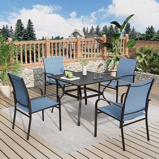 5 Pieces Patio Table and Chairs Set, 4 Person Outdoor Dining Furniture Set, 4 Blue Textilene Chairs and 37" Square Metal Table with Umbrella Hole, for Deck Backyard Lawn