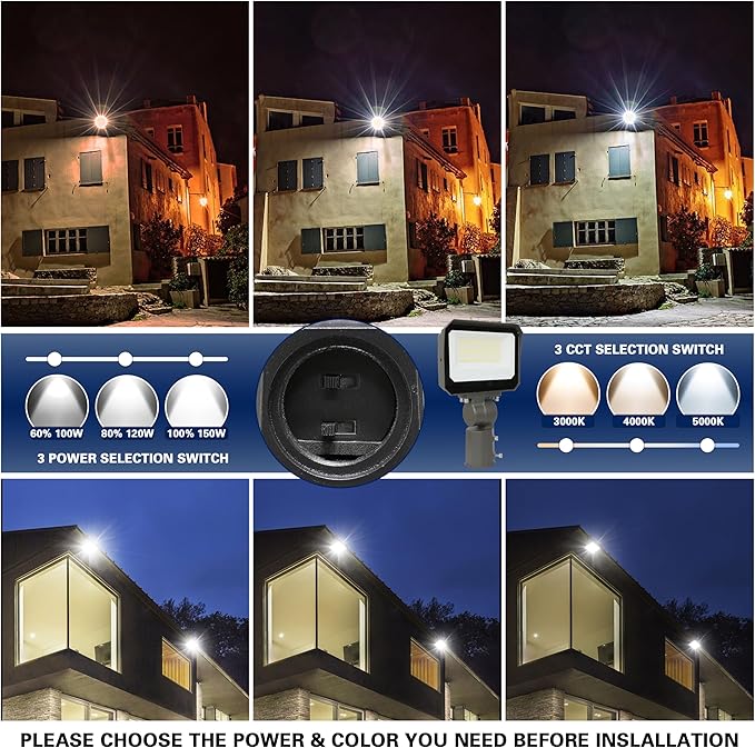 LAMPHOME LED Flood Lights Outdoor 100/120/150W W and 3000/4000/5000K Adjustable 19500Lm,Dusk-to-Dawn Sensor o Dawn Flood Light for Yard, Garage, Garden,UL Listed,Includes Knuckle Mount