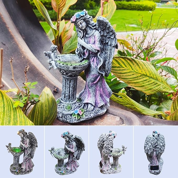 Solar Angel Figurine Lights Outdoor Waterproof Garden Statue with Color Changing Birdbath Fountain, Fairy Garden Decor for Outside Yard Patio Porch, Housewarming Gifts for Thanksgiving Christmas