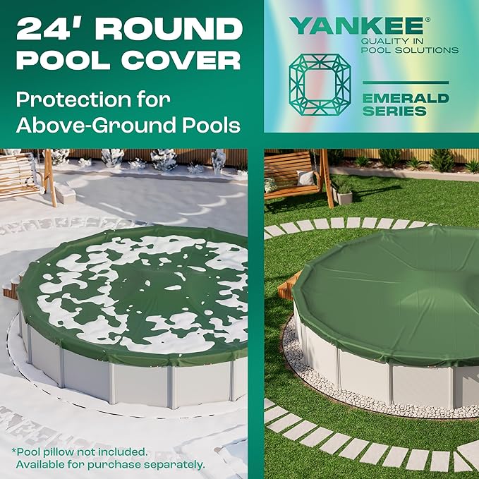 Yankee Emerald Series Pool Covers for Above Ground Pools | Round 24 ft Swimming Pool Cover w/Steel-Core Cable, Winch for Winterization | 9 mil Medium-Thickness for Off-Season, On-Season Protection