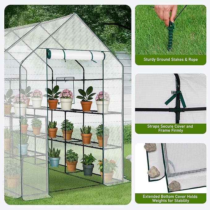 Outvita Walk-in Greenhouse, Outdoor Durable PE Plant Green House for Frost Protection with 3 Tiers 12 Shelves, Shelf Clips, Roll-up Zipper Door, 56"x85"x77" White