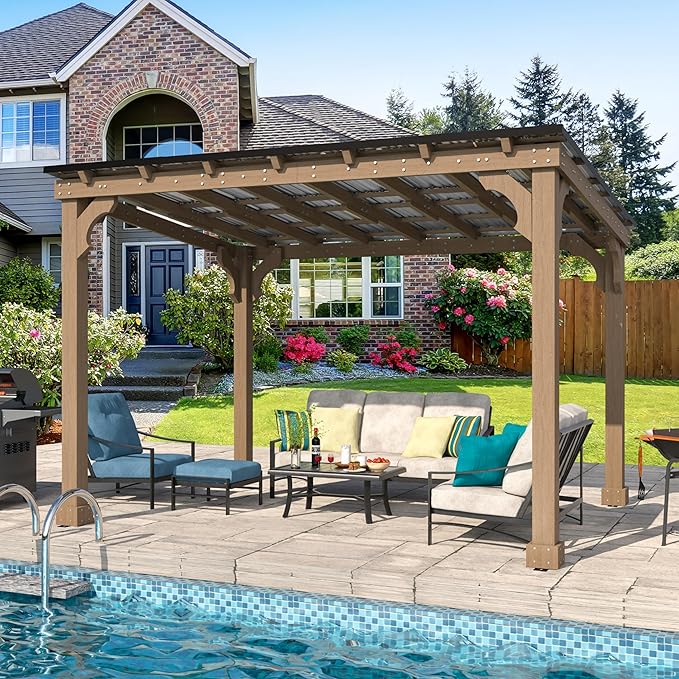 10 x 12 FT Outdoor Wooden Grill Gazebo with 5.5" Width Wood Posts, Rainwater Drainage, BBQ Gazebo with Sloping Metal Roof for Barbecue, Backyard, Garden, Light Mocha Brown