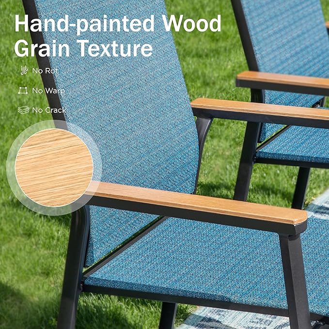 PHI VILLA Outdoor Stackable Chairs, Patio Chairs Set of 8, Light Weight Aluminum Frame with Textilene Fabric & Wood Armrest, High Back Deck Chairs for Poolside Lawn Garden, Blue