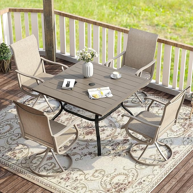 VICLLAX 5 Pieces Patio Dining Set for 4, Outdoor Furniture Set Includes 37.8" Square Outdoor Table and 4 Patio Swivel Chairs for Lawn Garden, Grey Wood Grain Table and Sandshell Fabric