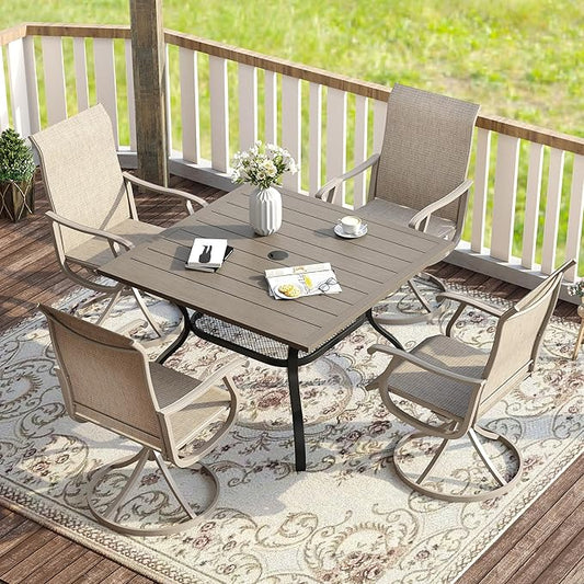 VICLLAX 5 Pieces Patio Dining Set for 4, Outdoor Furniture Set Includes 37.8" Square Outdoor Table and 4 Patio Swivel Chairs for Lawn Garden, Grey Wood Grain Table and Sandshell Fabric