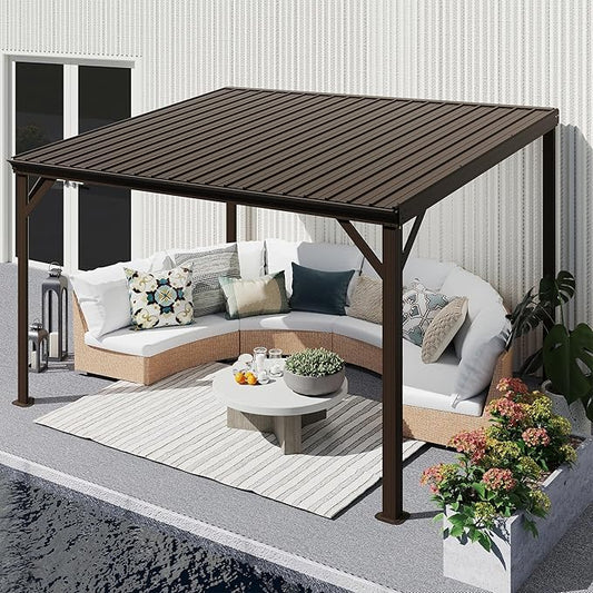 Domi 10'x12' Wall Mounted Hardtop Gazebo, Connectable Lean to Pergola with Gutters & Galvanized Steel Roof, 60MPH Wind Resistance, Outdoor Heavy Duty Metal Awning for Patio, Deck, Backyard - Brown