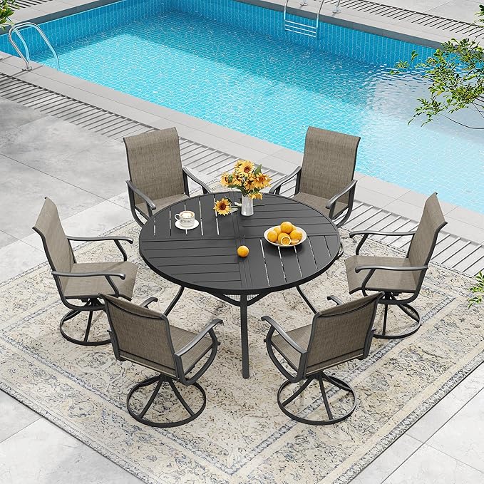 DIFY 7 Pieces Outdoor Patio Dining Set, 6 Brown Textilene Swivel Dining Chairs and 47.2" Black Round Metal Dining Table, Outdoor Table and Chairs