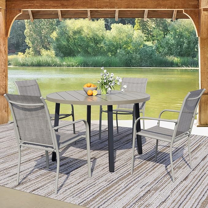 5 Pieces Round Dining Table Set for 4, Patio Dining Set Includes 4 Grey Stackable Patio Chairs and 1 Honey Oak Round Table, Patio Furniture Sets with Sling Support for Outside, Garden