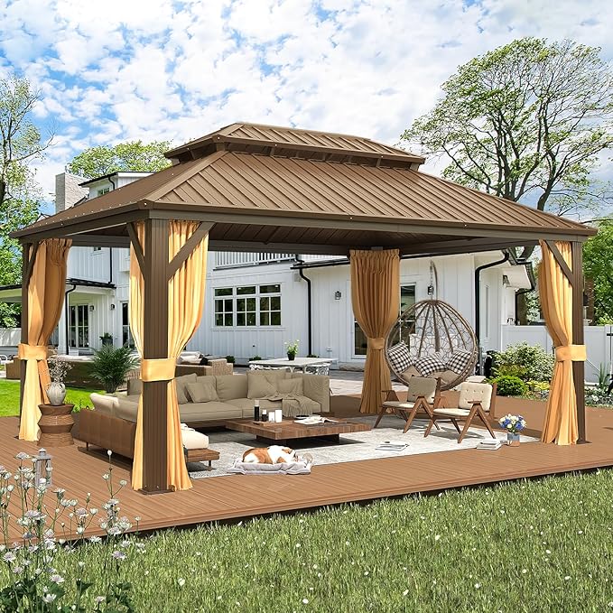 EROMMY 12'x16' Gazebo Hardtop, Galvanized Steel Double Roof Metal Gazebo with Aluminum Frame, Permanent Outdoor Pavilion with Curtain and Netting for Patio, Lawn and Garden, Brown