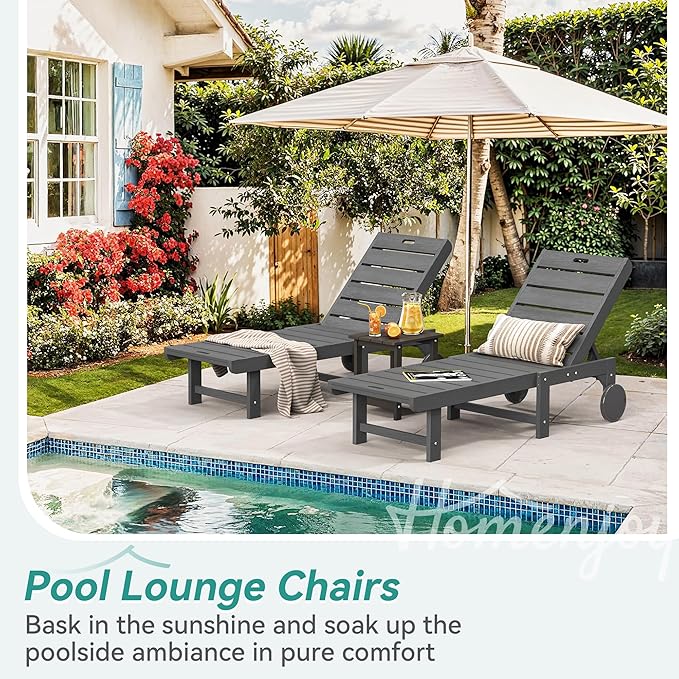 Outdoor Chaise Lounge Chairs with Table, 6-Piece, 26.8” Super Wide Lounge Chair Outdoor, HDPS Pool Chairs with 5 Positions, Patio Lounge Chair with Wheels for Pool,Lawn,Backyard, Dark Gray