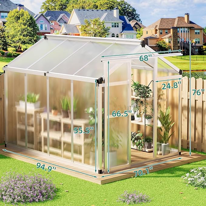 6x8 ft Greenhouse with Roof Vent, Aluminum Walk-in Greenhouses for Outdoors, Heavy Duty Garden House for Backyard, Patio, Easy Assembly