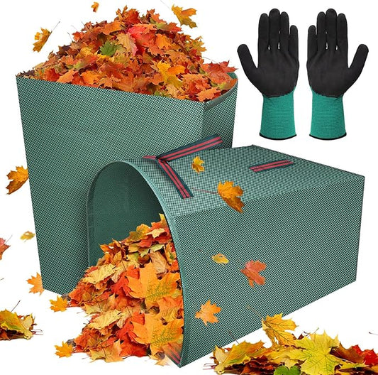2 Packs Large Reusable Yard Waste Bags with Gloves, 53 Gallons Pletpet Garden Waste Bags Green Lawn and Leaf Bag Large Yard Dustpan-Type Garden Bag for Collecting Leaves, Fallen leaves and Waste